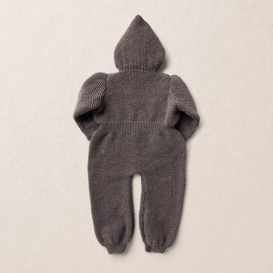 Merino wool Van Beren baby knit hooded bodysuit TEDDY, dark brown