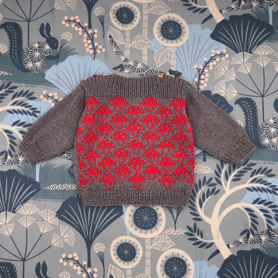 baby knit sweater Mavis, mushroom sweater, meriono wool, hand made in Austria, VAN BEREN, vintage style inspired knits, high quality, eco-friendly clothing, conscious, baby present, baby shower, baby belly party, hand knitted, fair fashion, sustainable kids wear, babyknits, vintagestyle,