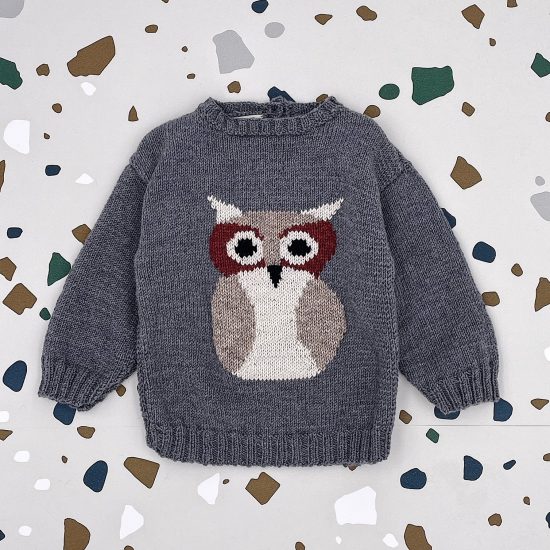 Knit sweater EUGEN with owl head handmade in Austria of virgin merino wool